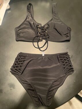 Bebe Lace-Up High Waist Bikini Set